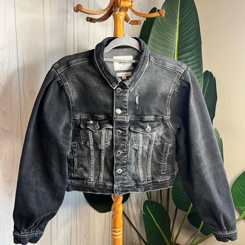 Vermet puff sleeve black denim trucker jacket